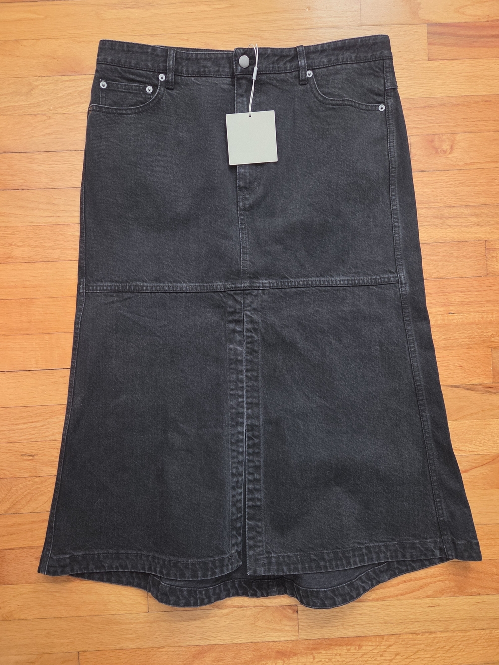 Tibi Black Midi Denim Skirt with Front Seam Size 31 NWT